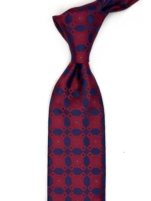 Kravatkolik Bordo - Mavi Motif Desen Mendilli Klasik Kravat KK13603