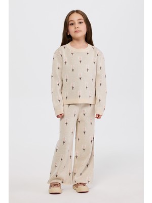 Panço Kız Çocuk Beli Lastikli Bej 2'li Triko Takım