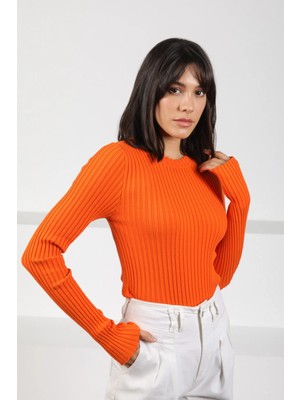 Ferraro Orange Bisiklet Yaka Uzun Kollu Fitilli Pamuklu Kadın Triko Kazak