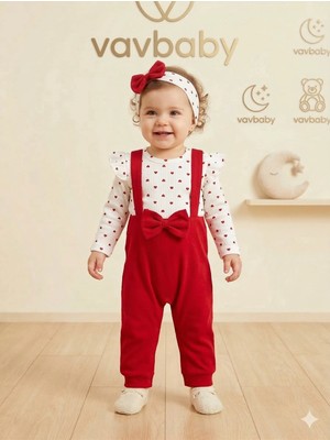 Vavbaby Kız Bebek Kalp Desenli Fırfırlı Body ve Kırmızı Fiyonklu Salopet Tulum ve Bandana Seti