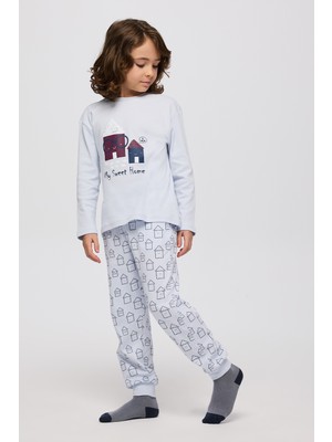 Panço Erkek Çocuk Ev Desenli Mavi Pijama Takımı