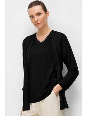 Desen Triko Kadın V Yaka Yakası ve Cep Üstü Zincirli Penye Hırka 26709 Siyah