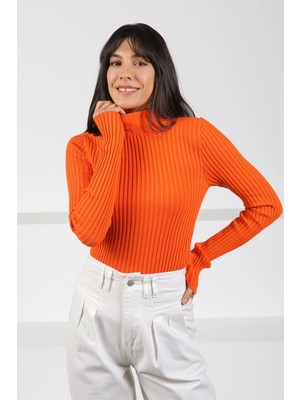 Ferraro Orange Balıkçı Yaka Uzun Kollu Fitilli Pamuklu Kadın Triko Kazak