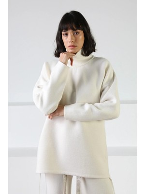 Ferraro Ekru Uzun Kollu Balıkçı Yaka Yanları Ip Detaylı Kaşmirli Kadın Triko Kazak
