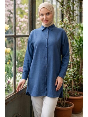 Hafsa Mina Oversize Keten Gömlek Mavi HM2904