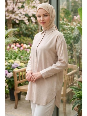 Hafsa Mina Oversize Keten Gömlek Bej HM2904