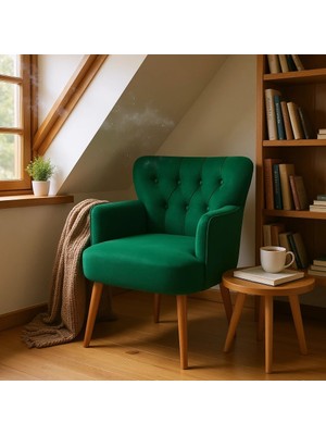 Waterybrook Tekli Berjer Koltuk - Kapitoneli Babyface Kumaş - Ceviz Ahşap Ayaklı -  Retro Modern Tasarım  - 14 Renk Seçeneği