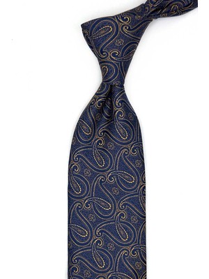 Kravatkolik Lacivert - Sarı Şal Desen Mendilli Klasik Kravat KK13662