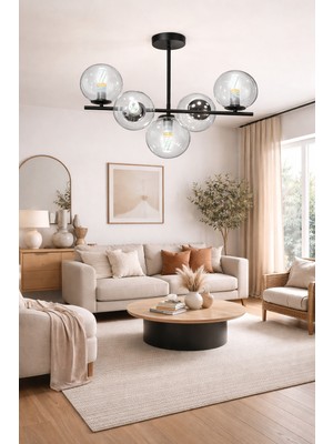 Esslight Riva 5’li Füme Glob Camlı Modern Salon Mutfak Yatak Odası Avizesi