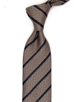 Kravatkolik Bej - Siyah Çizgi Desen Mendilli Klasik Kravat KK13503