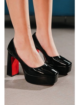 Ayakkabı Ateşi Kadın Siyah Rugan  Kalın Topuklu Platform Ayakkabı Ecovan