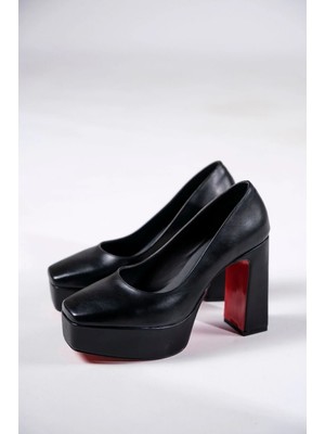 Ayakkabı Ateşi Kadın Siyah Cilt Kalın Topuklu Platform Ayakkabı Ecovan