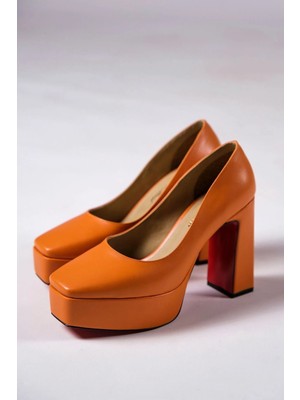 Ayakkabı Ateşi Kadın Turuncu Cilt Kalın Topuklu Platform Ayakkabı Ecovan