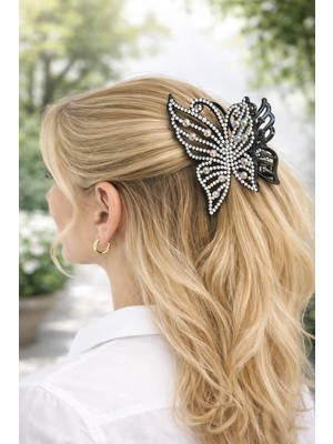 Modex Çift Tarafı Işıltılı Taş Detay Kelebek Mandal Toka (10CM)