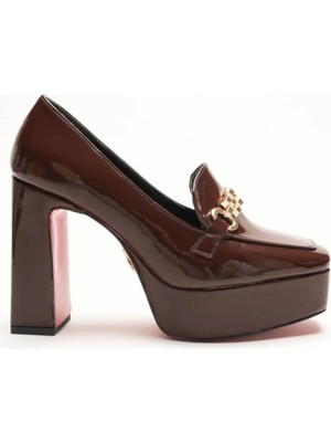 Ayakkabı Ateşi Kahverengi Rugan Platform Tasarım Toka Detaylı Kadın Orta Topuklu Ayakkabı Vanera