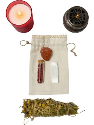 Anima Glow Ateş Elementi Meditasyon/Ritüel Seti – Selenit, Kırmızı Jasper, Ejderha Kanı Reçinesi, Mum & Tütsü