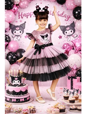HN Sport Kuromi Taç Hediyeli Kız Çocuk Kuromi Kuromili Elbise Parti Mezuniyet Doğum Günü Kostüm Düğün