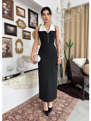 MBK Fashion Siyah Beyaz Yakalı Inci Detaylı Midi Abiye Elbise