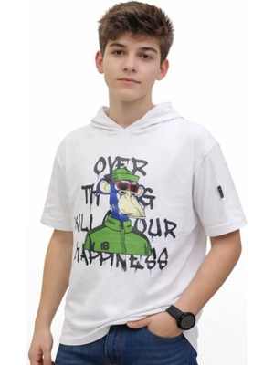 İrem Çocuk Giyim Erkek Çocuk Over Yazılı Maymun Desenli Kapüşonlu Beyaz Renk Tişört