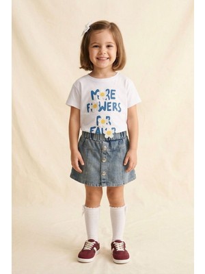 Miniğimin Cicileri Papatya Aplike Detaylı Kız Çocuk Kot Etekli Kız Çocuk 2 Li Takım - Beyaz