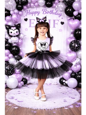 HN Sport Kuromi Taç Hediyeli Kız Çocuk Kuromili Elbise Parti Mezuniyet Doğum Günü Kostüm Düğün