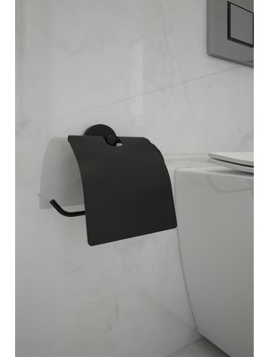 Alz Banyo Fulya Siyah Kapaklı Tuvalet Kağıdı Asacağı, Wc Tuvalet Kağıtlığı, Ister Yapıştır Ister Montajla