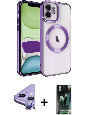 Cepte Toptan iPhone 11 Nova Işık Özel Seri - Siyah 360 Mat Full Body Arka Koruyucu + Mor Raze Metal Kamera Lens