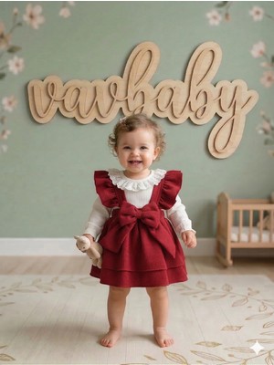 Vavbaby Kız Bebek Kırmızı Büyük Fiyonklu Salopet Elbise ve Dantel Yakalı Body Takım