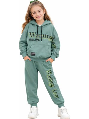 İrem Çocuk Giyim Kız Çocuk Wanting Yazılı Kanguru Cepli Kapüşonlu Yeşil Renk Eşofman Takımı