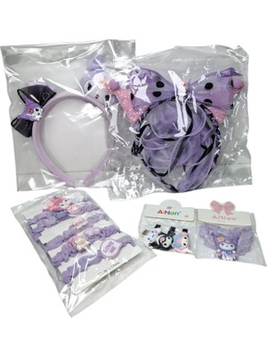 Spteks Kız Çocuk Lila Renk Kuromi Model Taç Toka Lastik Toka ve Pens Toka 5 Li Set