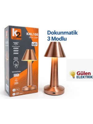 K2 LED Systems KML108 Şarjlı LED Masa Lambası – Dokunmatik Dimmer, 3000K / 4000K / 6500K, USB Şarjlı Dekoratif Masa Lambas