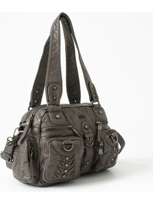 Duomino Yıkama Deri Gri Çok Bölmeli Çapraz ve Omuz Çantası / Kol Çantası