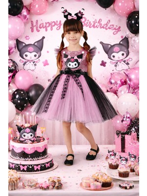 HN Sport Kuromi Taç Hediyeli Kız Çocuk Kuromili Elbise Parti Mezuniyet Doğum Günü Kostüm Düğün
