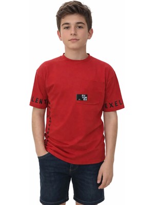 İrem Çocuk Giyim Erkek Çocuk Exellentlife Yazı Desenli Kolları Yazılı Cepli Kırmızı Renk Kısa Kol Tişört