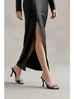 Gökhan Talay Lucine Esnek Yumuşak Kaymaz Taban (8 Cm) Siyah Rugan El Yapımı Şeffaf Boncuk Detaylı Kadın Topuklu Terlik