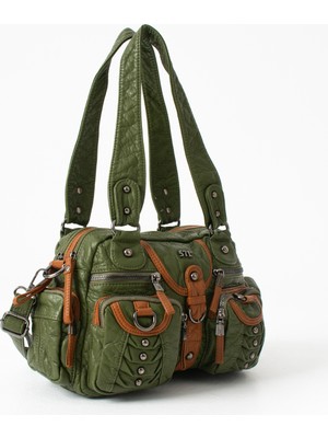 Duomino Yıkama Deri Haki Yeşil Çok Bölmeli Çapraz ve Omuz Çantası / Kol Çantası