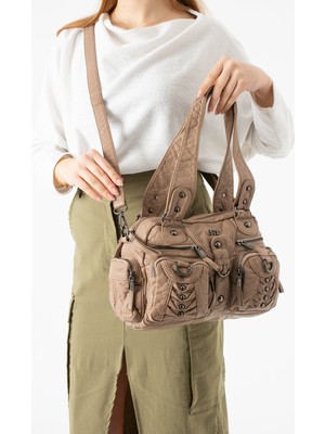 Duomino Yıkama Deri Vizon Çok Bölmeli Çapraz ve Omuz Çantası / Kol Çantası