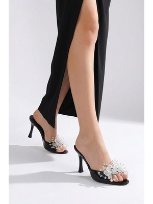 Fiore Ayakkabı Cosima Esnek Yumuşak Kaymaz Taban (8 Cm) Siyah Rugan El Yapımı Şeffaf Yaprak Detaylı Kadın Topuklu Terlik