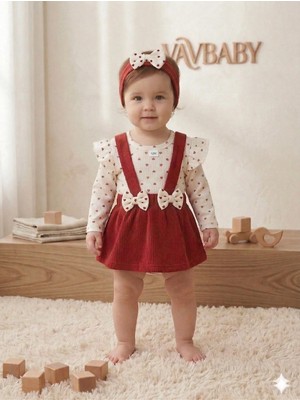 Vavbaby Kız Bebek Kırmızı Raporlu Jile Etek ve Kalp Desenli Zıbın Body Takım 0 - 3 Ay Özel Günler İçin