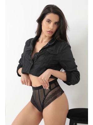 Uravas Store Siyah Kadın Çizgili Külot VERONICA-K1008