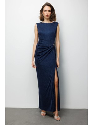 Ekol Beli Tokalı Yırtmaç Detaylı Simli Elbise 6092