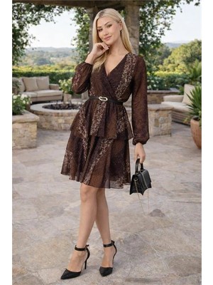 Dip Moda Kadın Kahverengi Kruvaze Yaka Kat Kat Mini Şifon Elbise DPDKS935