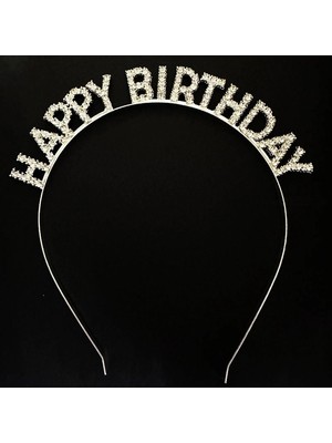 MiraLive Gümüş Kristal Taşlı Happy Birthday Doğum Günü Tacı Ithal Ürün A Kalite 17X16 cm (K95)