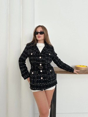 Uravas Store Çok Düğmeli Kemerli Yüksek Kaliteli Astarlı Ceket Siyah OS255859