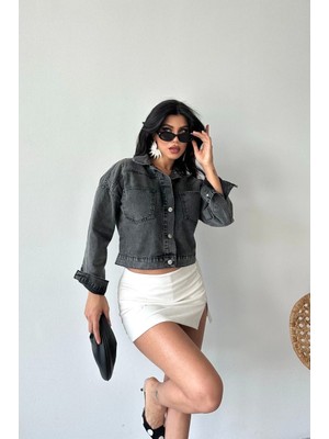 Uravas Store Çift Cepli Kol Katlamalı Süper Taş Enzim Yı Crop Kot Ceket Füme