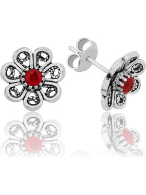 Uravas Store 925 Ayar Gümüş Kırmızı Telkari Çiçek Çivili Küpe EA1160159 (1177)