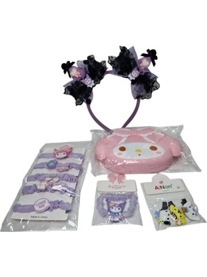 Spteks Kız Çocuk Kuromi Model Mini Çanta Cüzdan Lastik Toka Taç Toka ve Pens Toka 5 Li Set