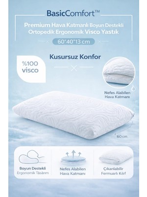Uykuva BasicComfort™ Premium Hava Katmanlı Boyun Destekli Ortopedik Ergonomik Visco Yastık 60*40*13 cm