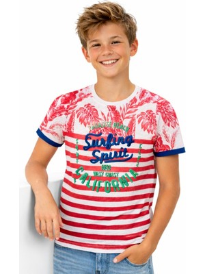 Alg Erkek Çocuk Surfing Yazı Desenli Çizgili Kırmızı Renk Tişört