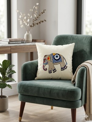 Punch Işlemeli Fil Desenli Dekoratif Kırlent Kılıfı